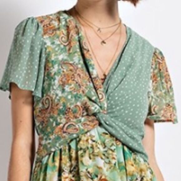 NEW! Twist Front Elastic Waist Floral Midi Dress with Full Lining and Key Hole - Picture 7 of 7